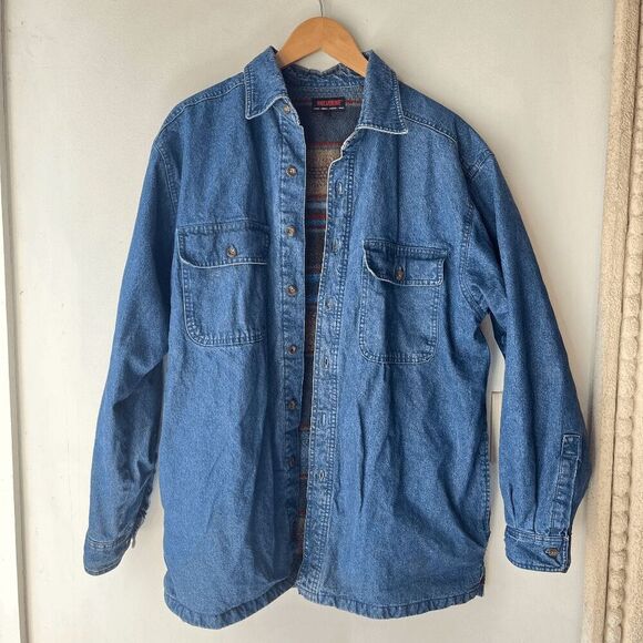 Vintage 90s Wolverine Denim Shirt Jacket Aztec Fleece Lined L/G Western Workwear - Picture 1 of 10